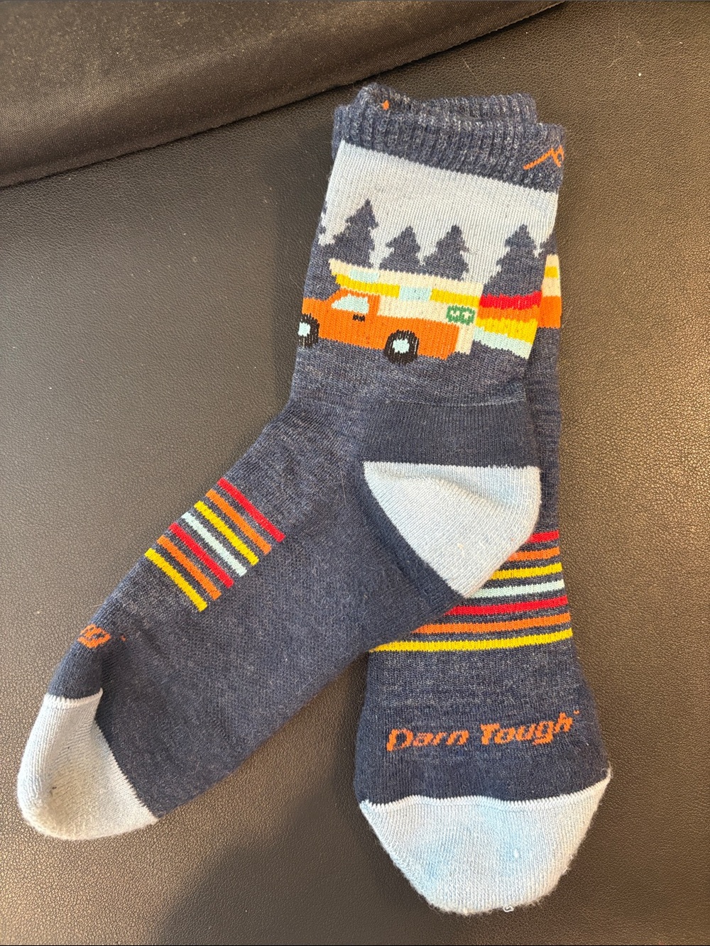 Darn Tough Kids' Wool hiking Crew Socks with Orange/Navy Camper Graphic